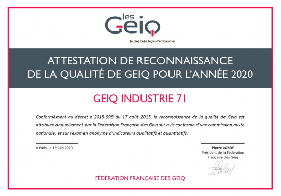 Obtention de la reconnaissance de la qualité de GEIQ pour l'année 2020 !