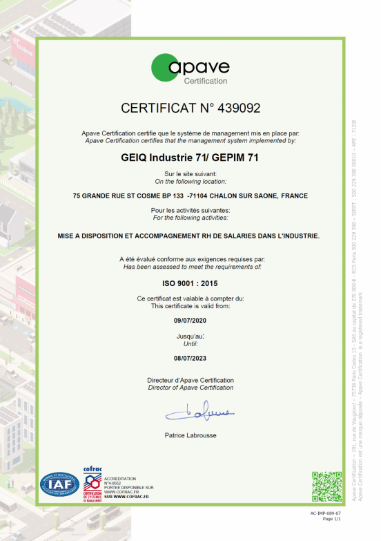 Certification ISO 9001 version 2015